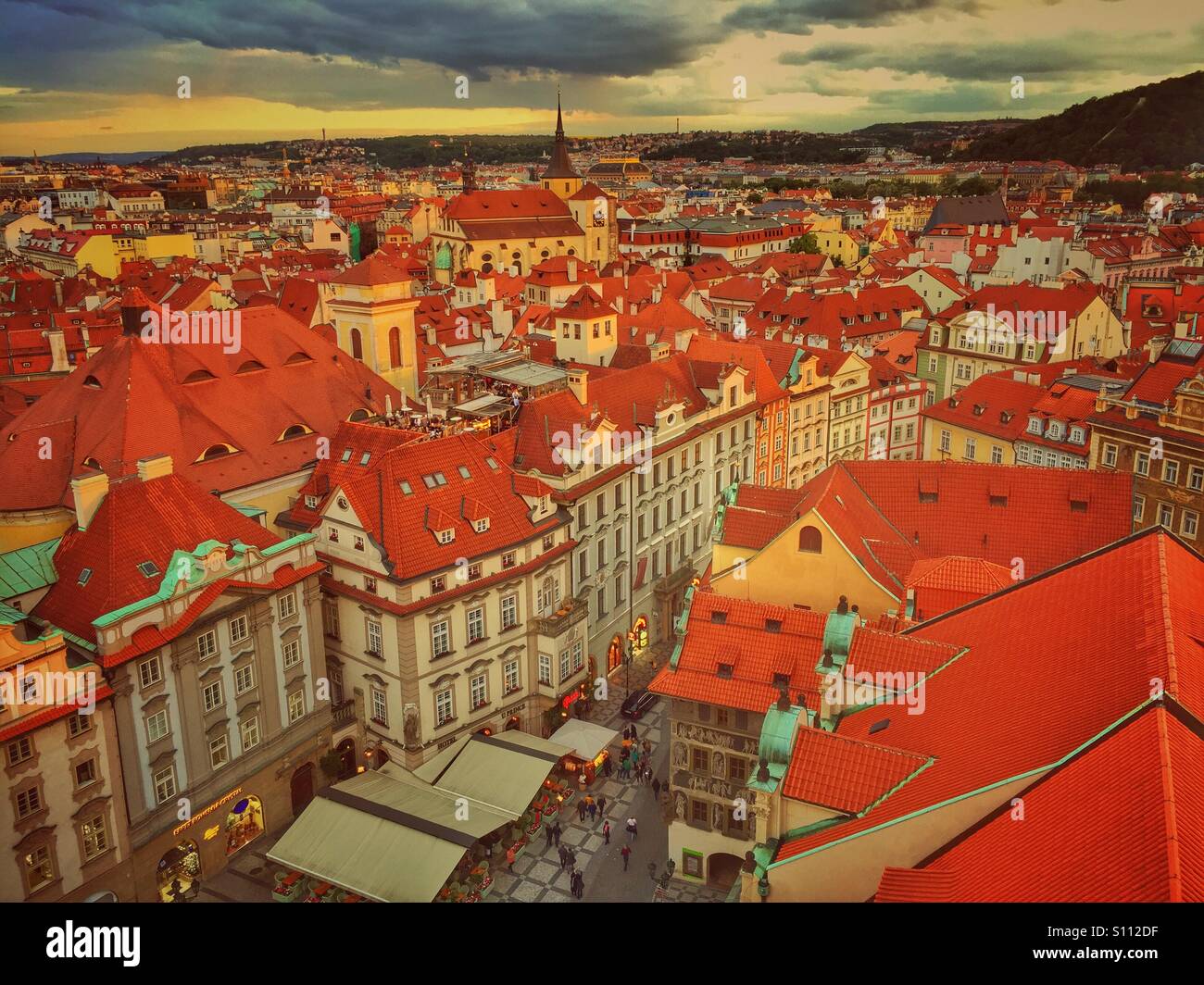 Aerial view of Prague city at sunset Stock Photo