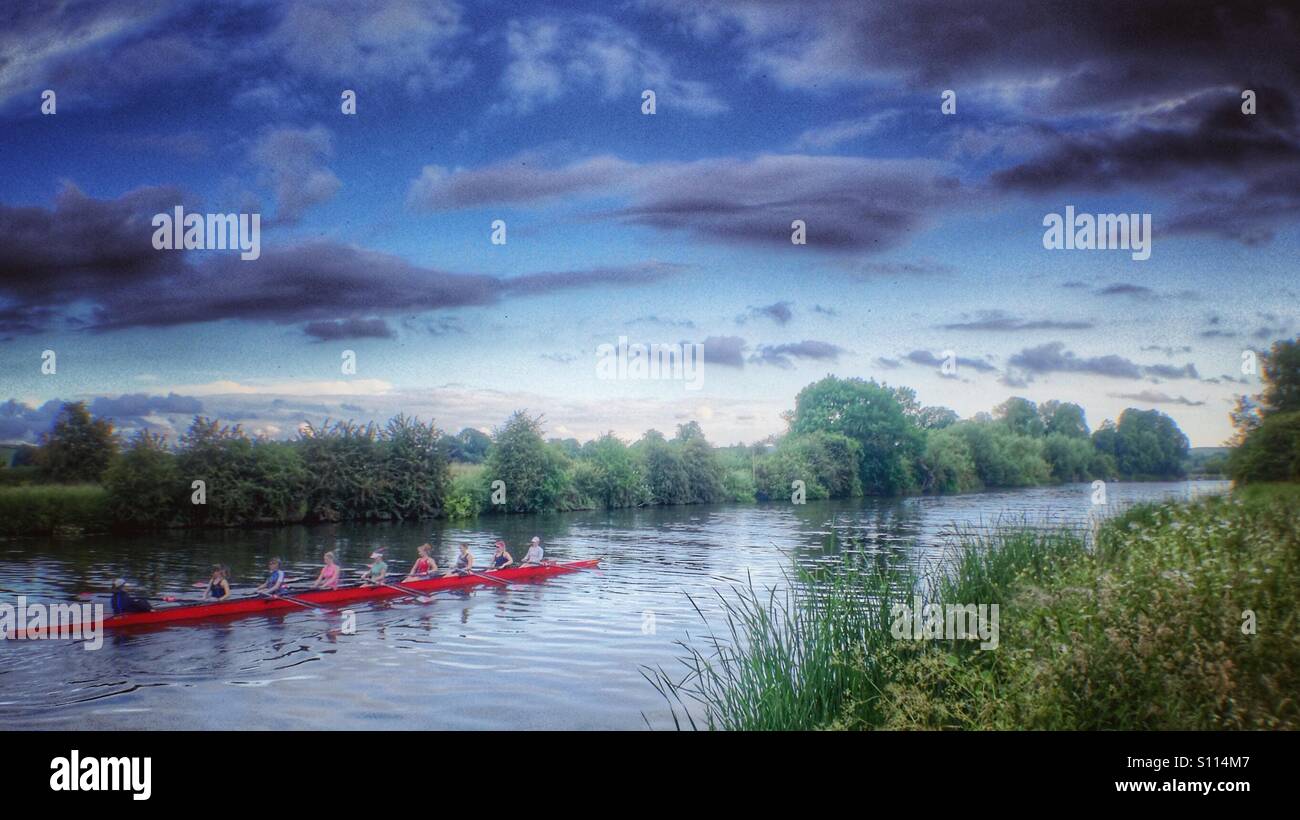 Eight woman rowing team on River Thames Stock Photo