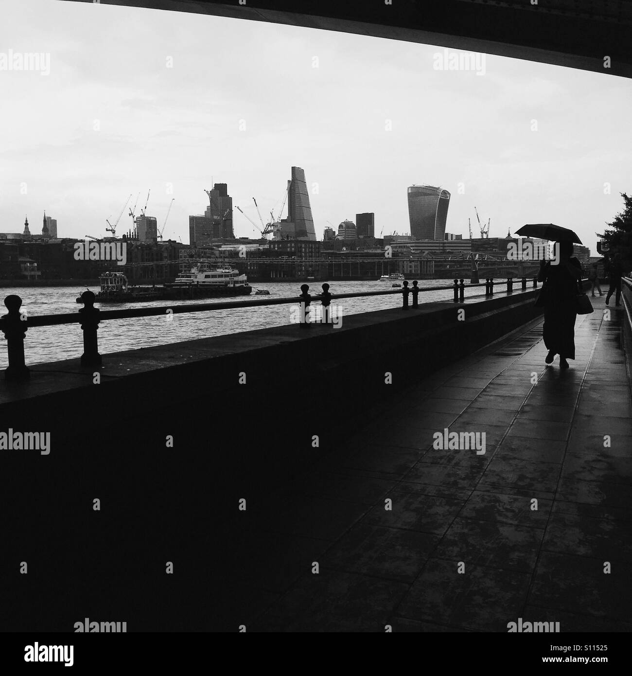 Woman walking by the river Thames on a rainy day holding  an umbrella. London UK - Smartphone Captured Stock Image