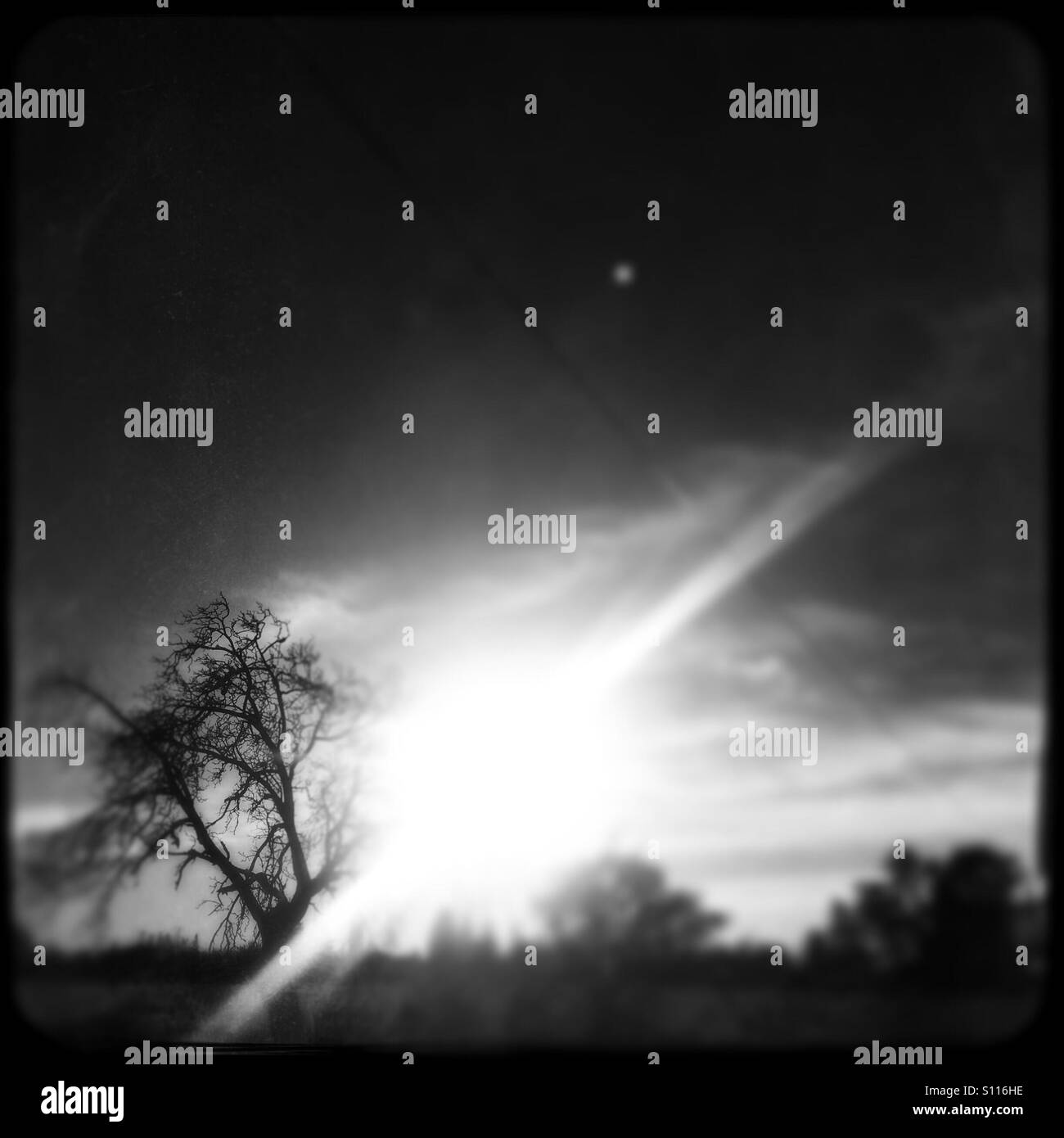 Sun setting and full moon in the country. Stanislaus County, California, USA - Smartphone Captured Stock Image