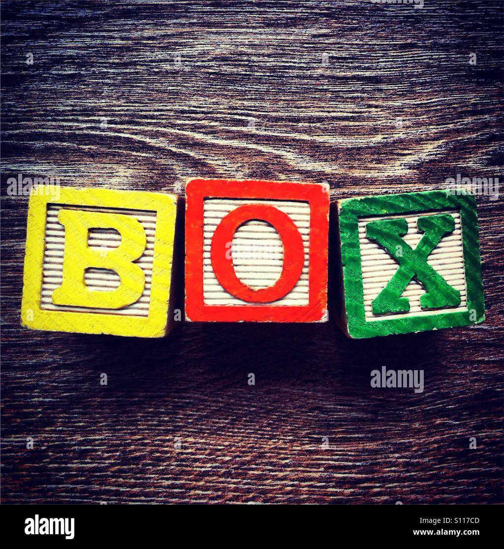 Word BOX done with wood blocks alphabet letters Stock Photo Alamy