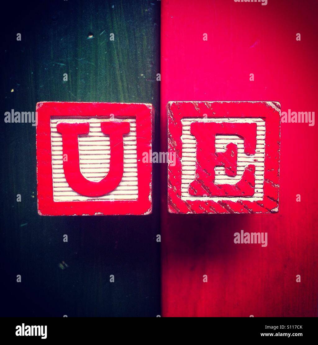 Acronym UE for European Union done with wood blocks alphabet letters - Smartphone Captured Stock Image