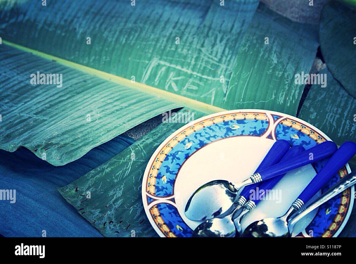 Plate and spoons on banana leaves - Smartphone Captured Stock Image