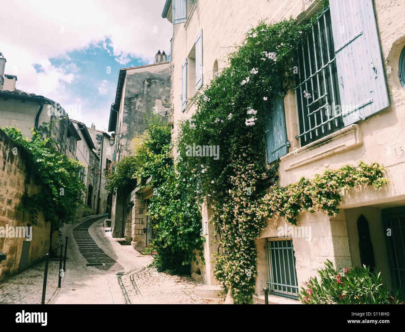Quiet street in the town of Uzes, France, Languedoc Stock Photo