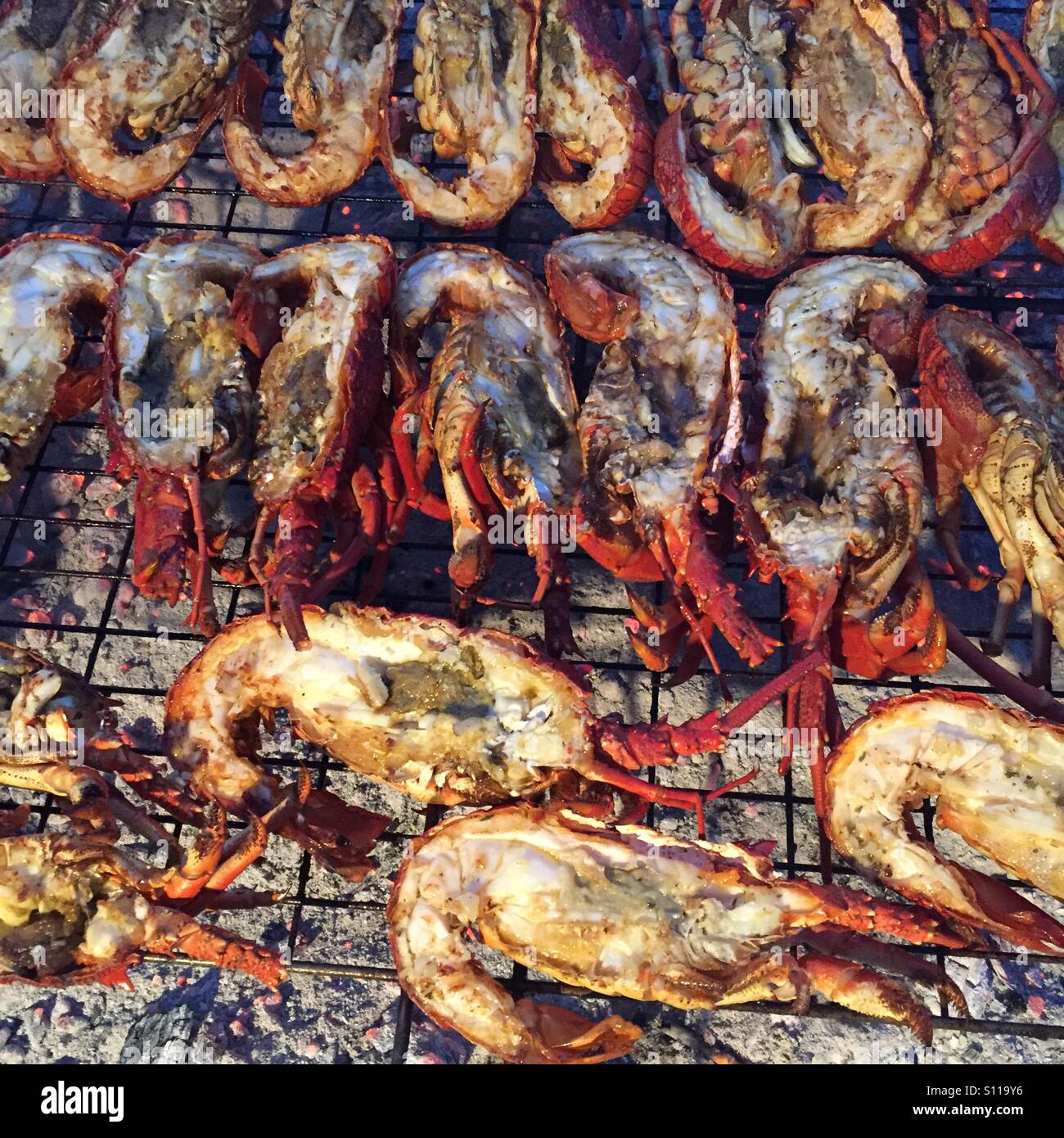 Lobster halves on a bbq in South Africa - Smartphone Captured Stock Image