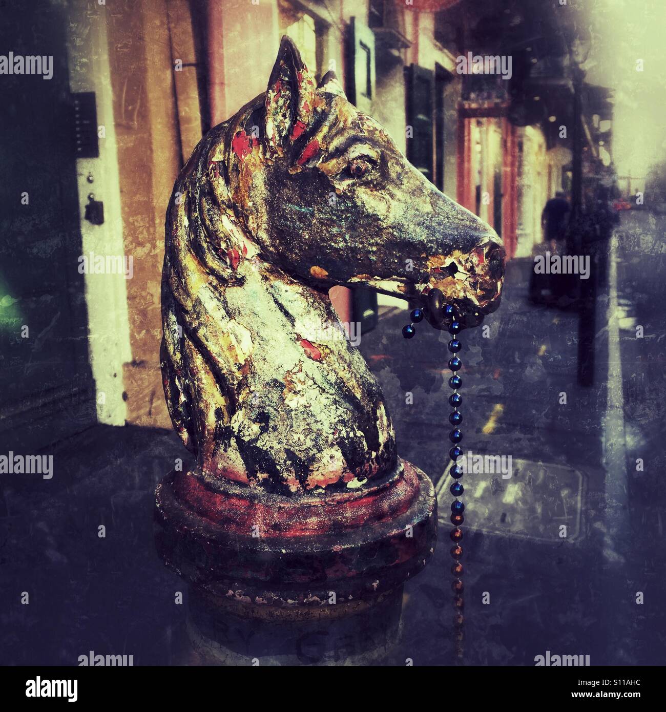 cast iron horse head hitching post in French quarter, New Orleans Stock