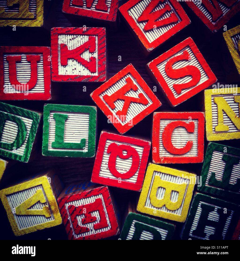 Many alphabet wood blocks letters Stock Photo Alamy