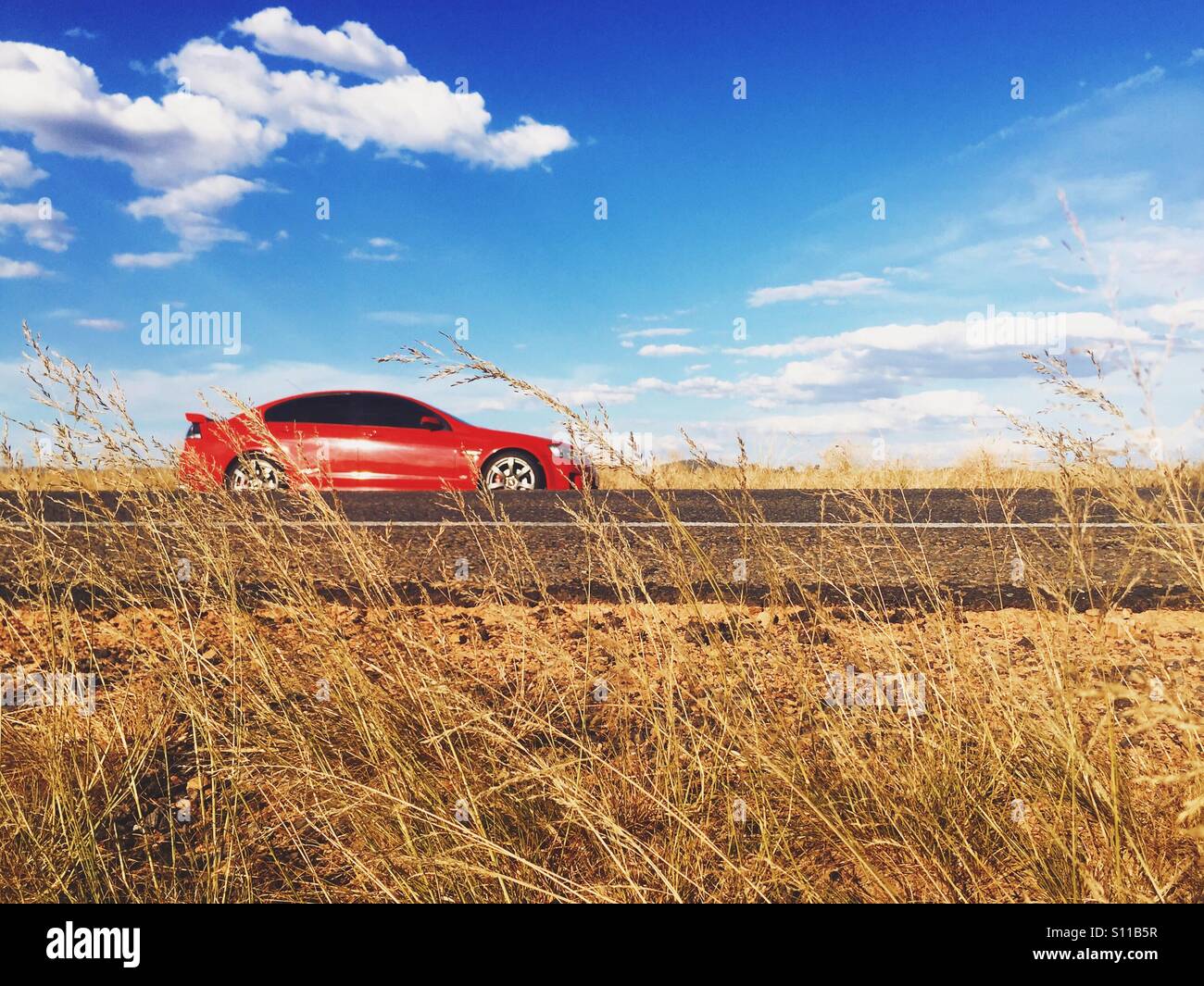 Red Commodore in long grass on highway with blue sky Stock Photo