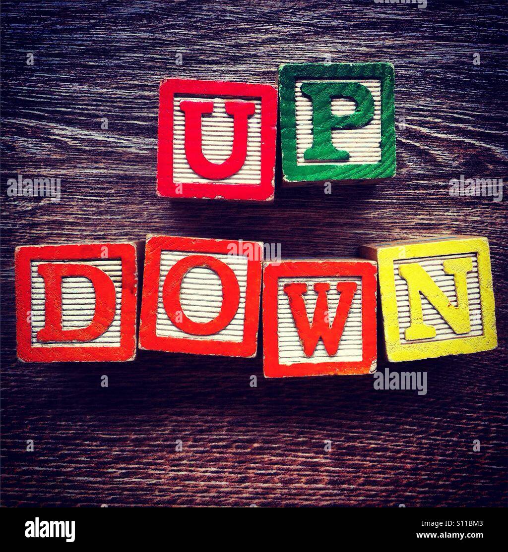 Words UP DOWN done with alphabet wood blocks letters - Smartphone Captured Stock Image
