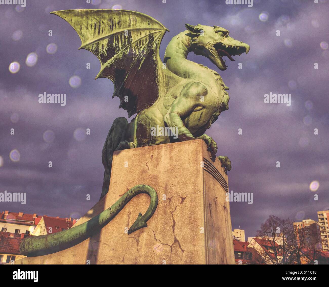 Dragon statue - Dragon bridge, Ljubljana, Slovenia - Smartphone Captured Stock Image