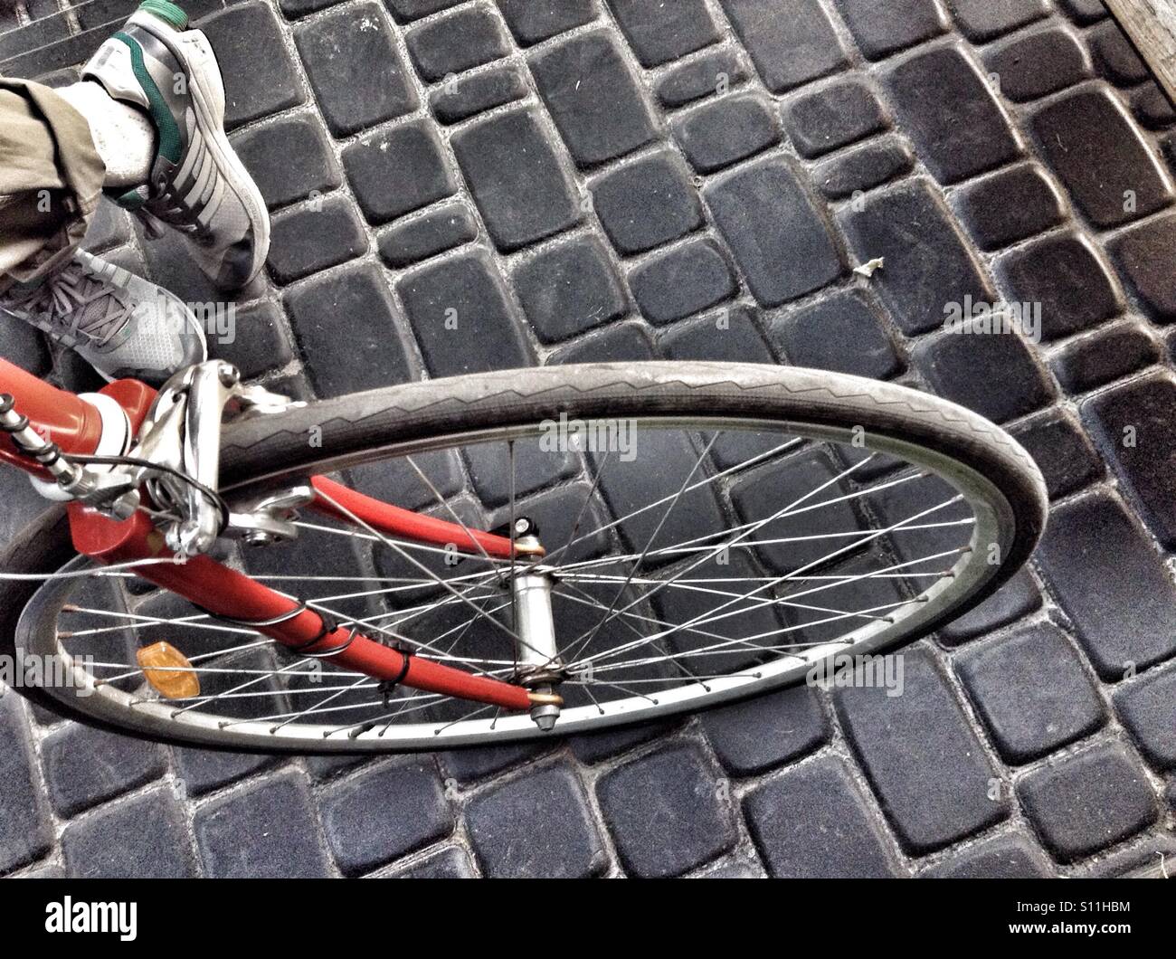 Bicycle front wheel and legs on paving stone road - Smartphone Captured Stock Image