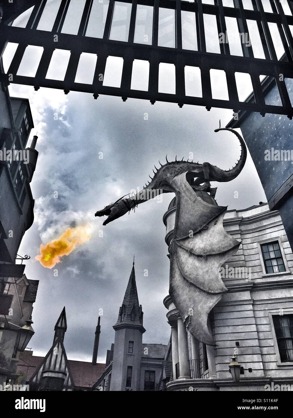 Dragon roaring fire at wizarding world of Harry Potter universal studio - Smartphone Captured Stock Image
