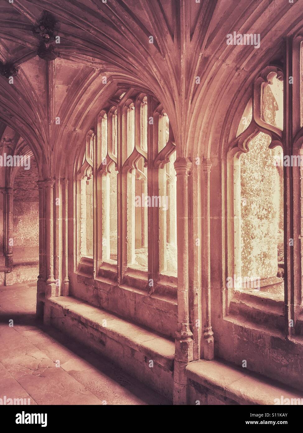 An antique effect photo of the Cloisters area of Lacock Abbey in Wiltshire, England. This area was used as a location in the motion picture film 'Harry Potter & The Chamber of Secrets.' ©COLIN HOSKINS Stock Photo