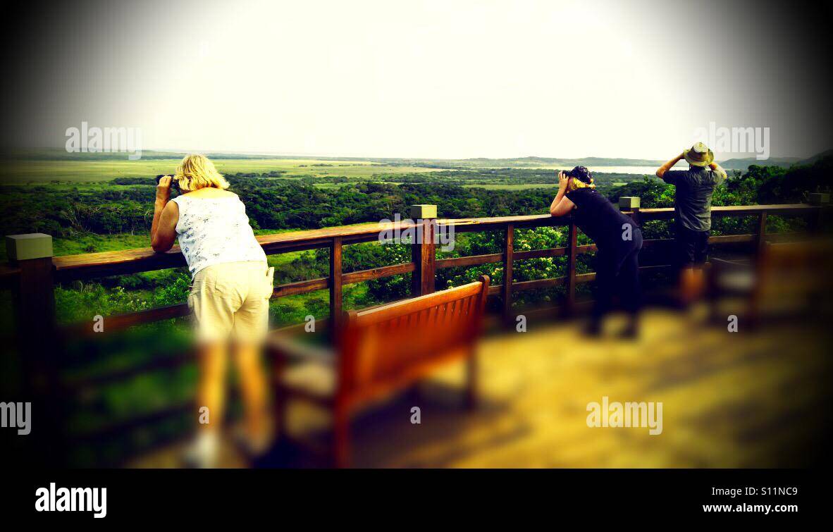 Tourists on observation platform, ISimangaliso Wetland Park, KwaZulu Natal province, South Africa - Smartphone Captured Stock Image