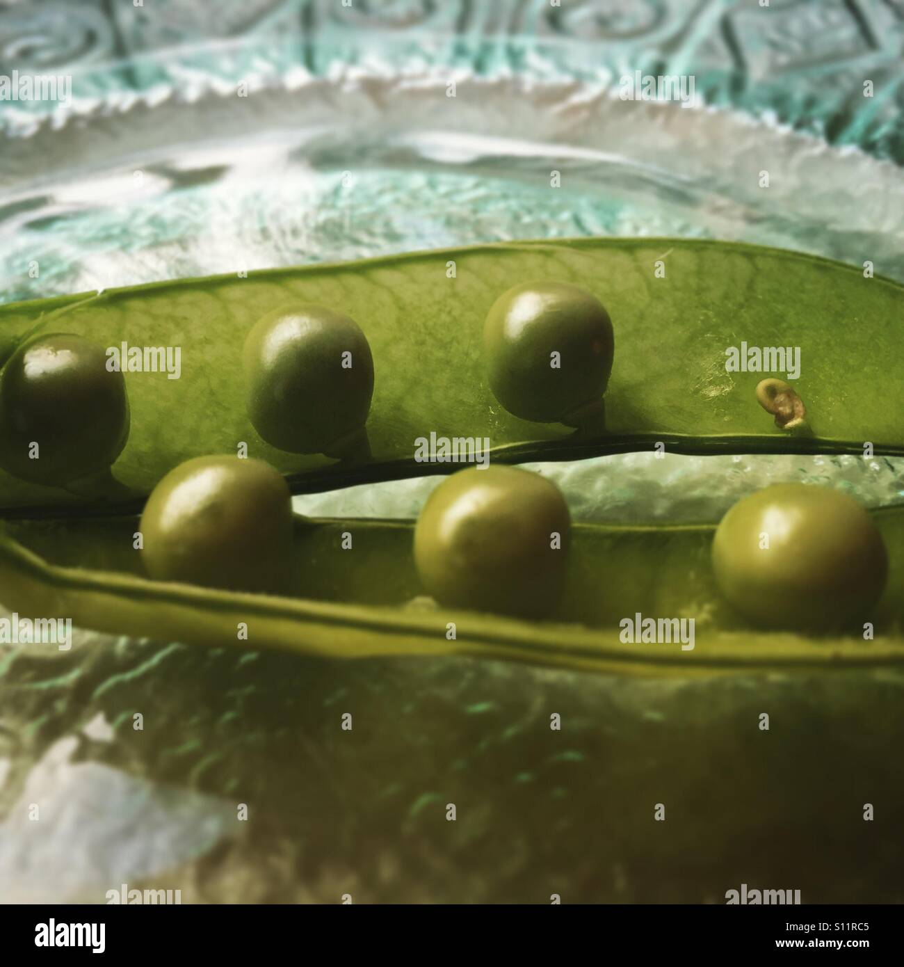 Close up of freshly picked peas in a pod Stock Photo