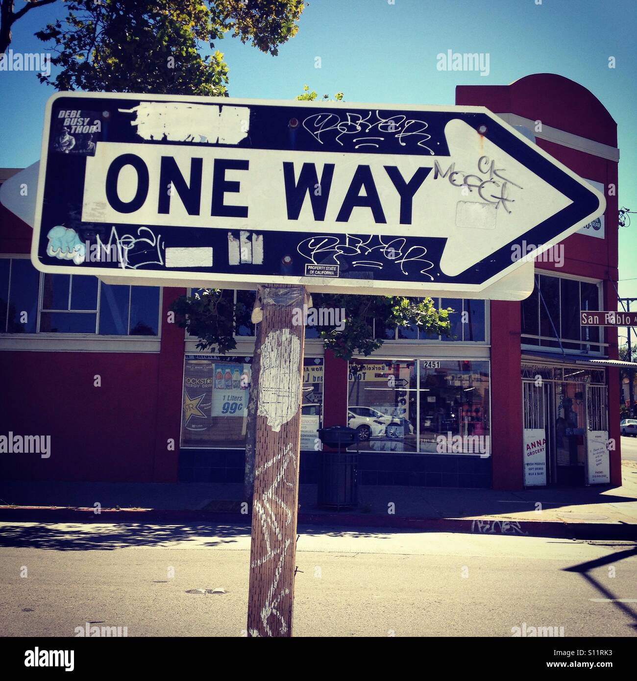 One Way sign at San Pablo Avenue in Berkeley, California. - Smartphone Captured Stock Image