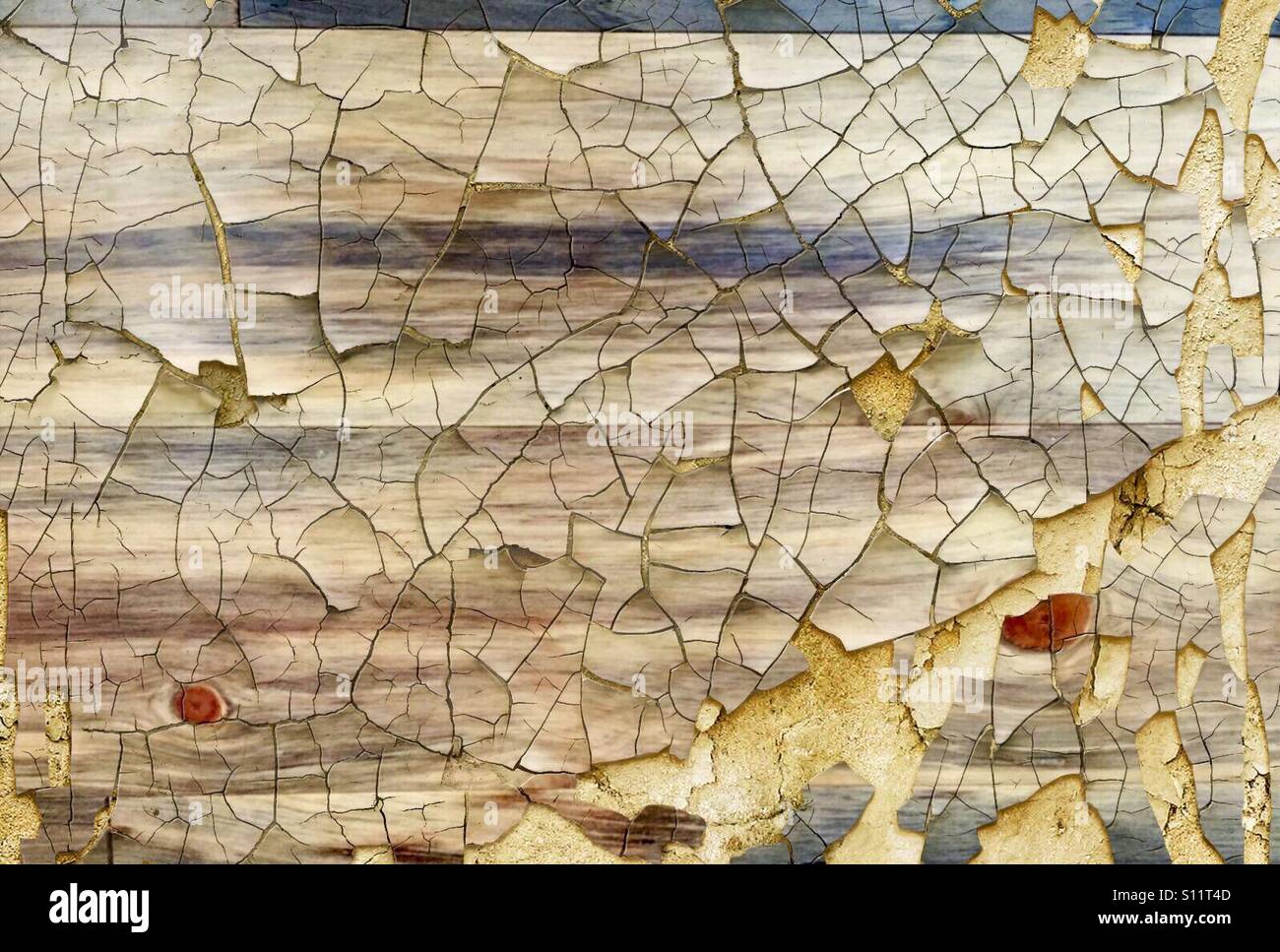 Old wooden floorboards reflected in cracked paint effect Stock Photo