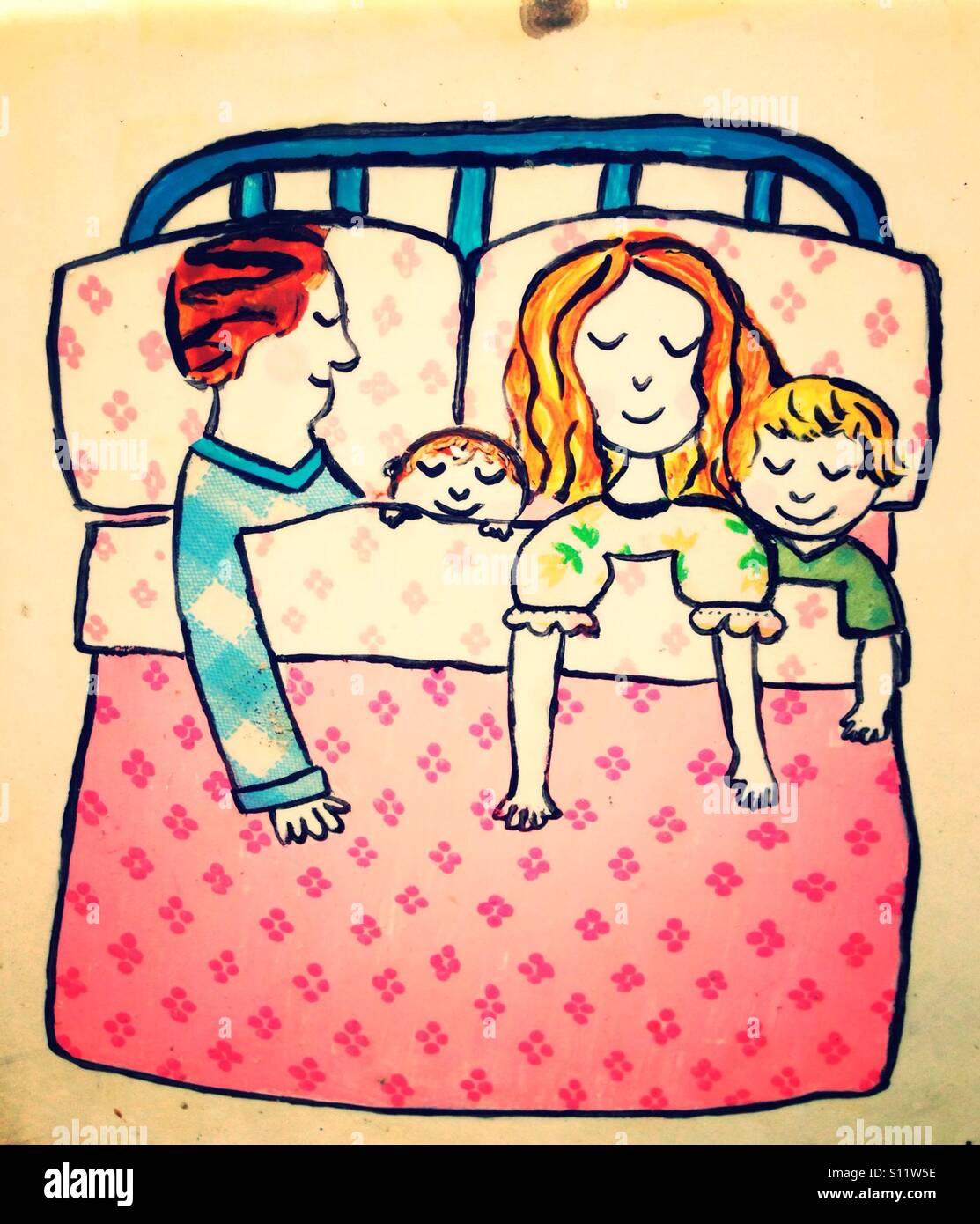 Tiles. Street art. Sleeping family. - Smartphone Captured Stock Image