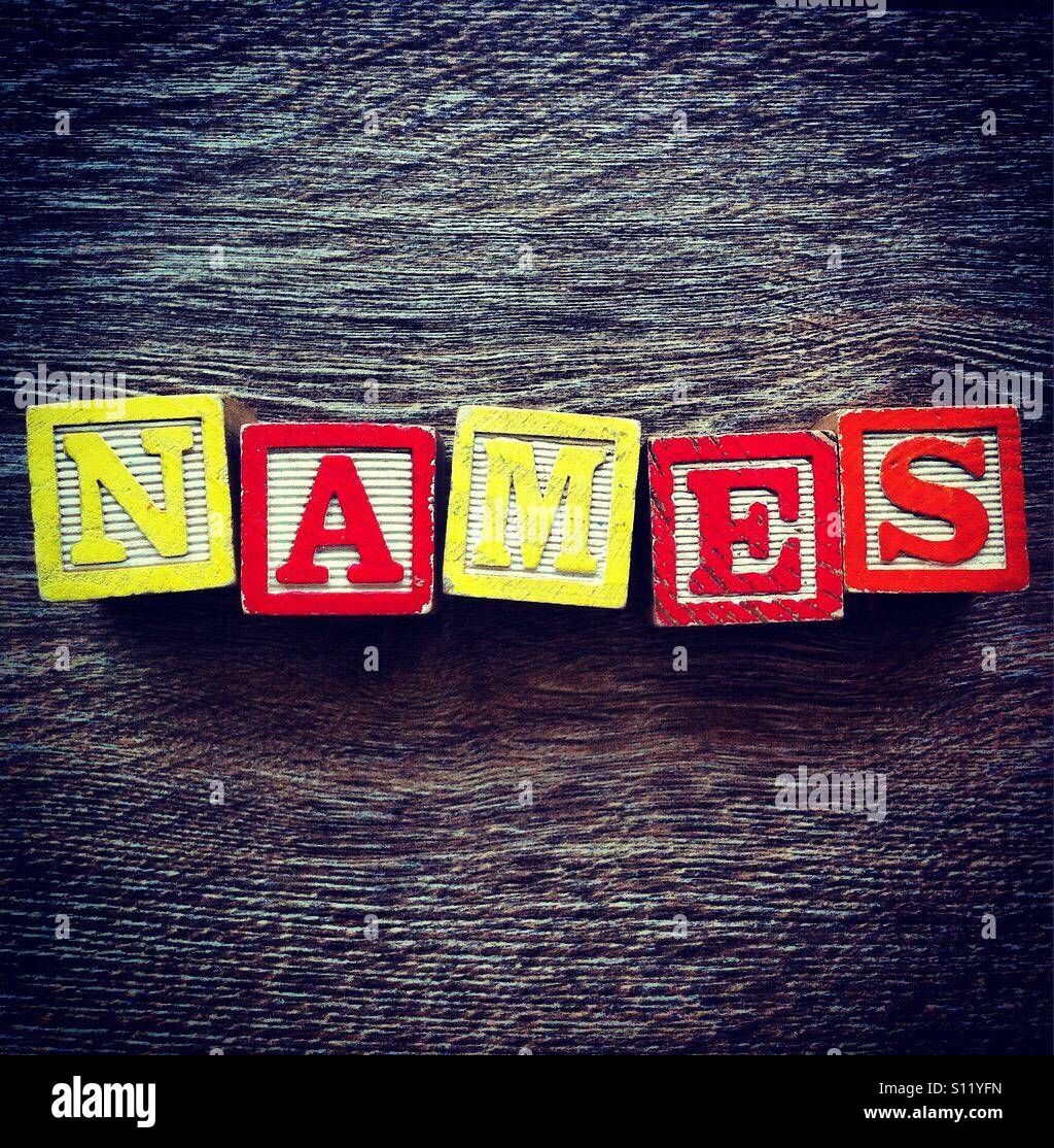 NAMES word done with alphabet wood blocks letters Stock Photo