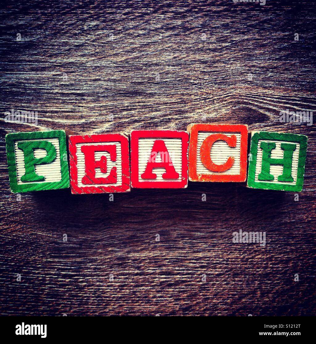 PEACH word done with alphabet wood blocks letters - Smartphone Captured Stock Image