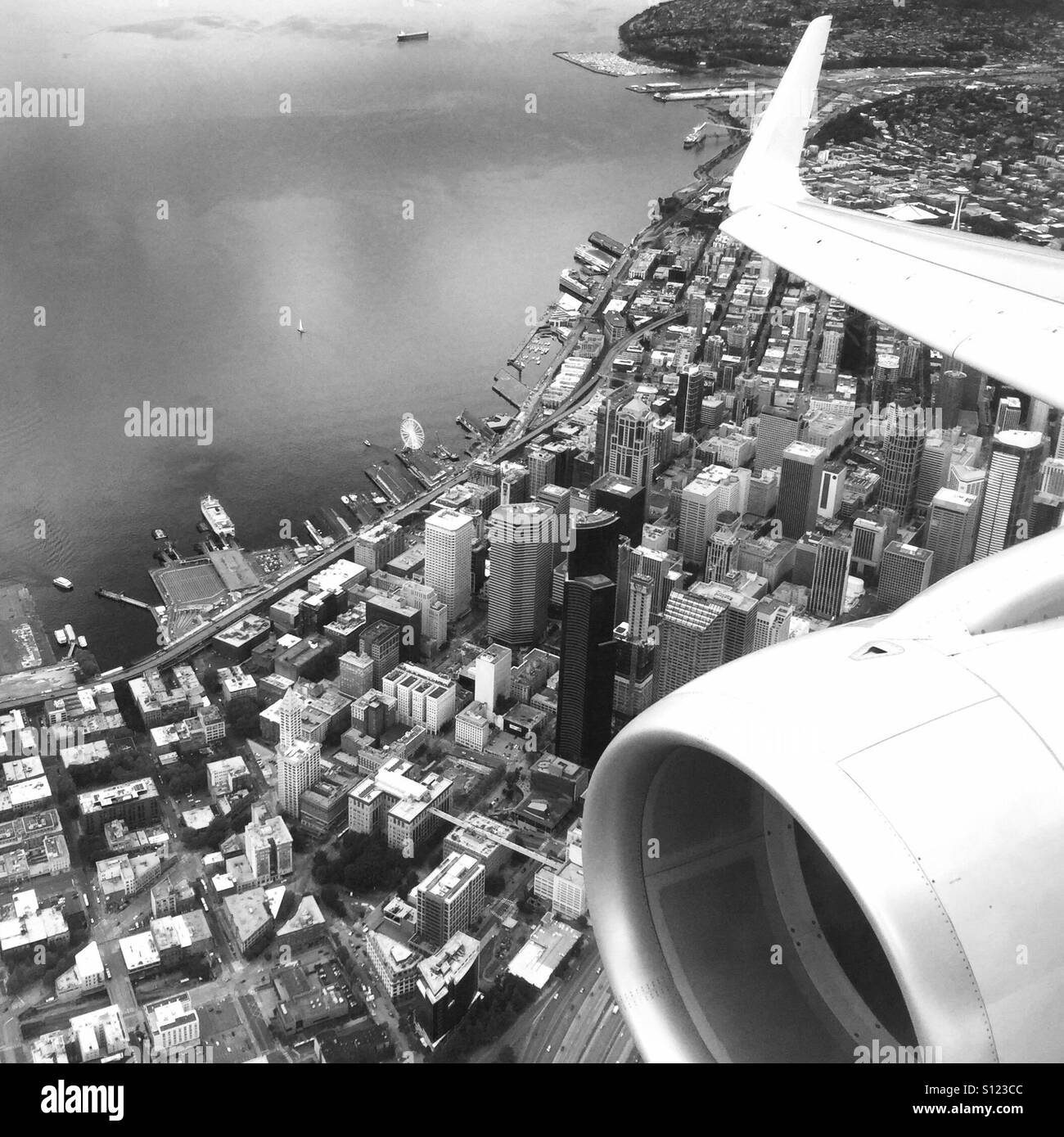 A view of Downtown Seattle from an airplane window. Seattle, Washington USA - Smartphone Captured Stock Image