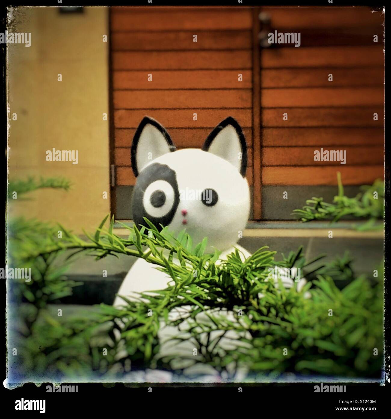 Black and white cat statue in garden - Smartphone Captured Stock Image