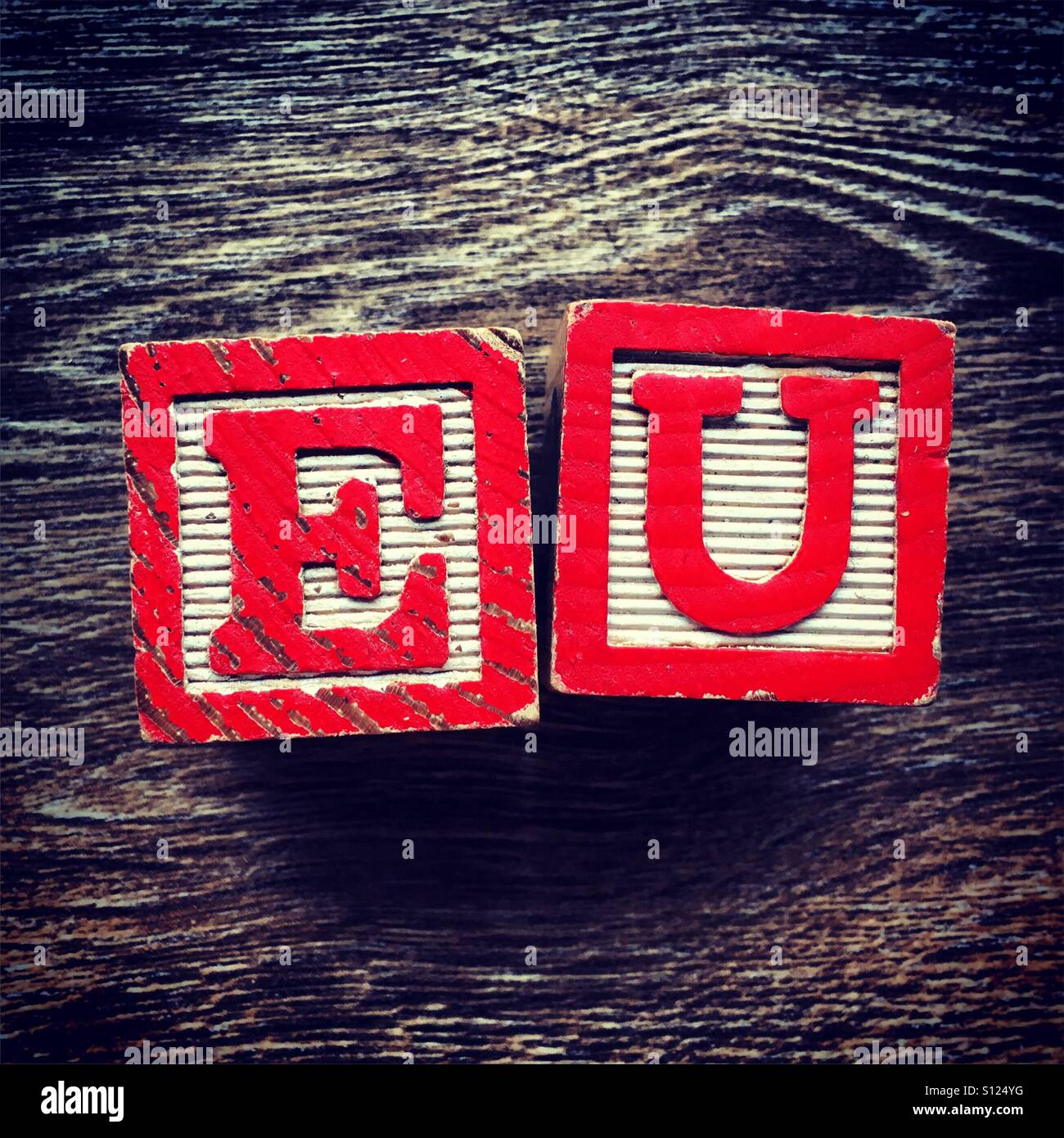 EU abbreviation written with wood block letter toys Stock Photo