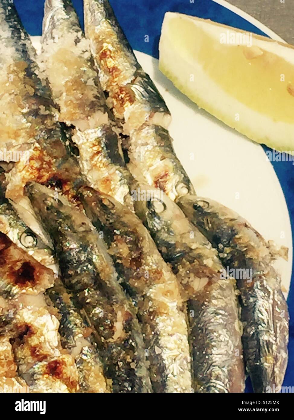 Sardines grilled on open fire on blue and white plate with Lemon on a white plate and blue tablecloth.an enticing food shot. - Smartphone Captured Stock Image