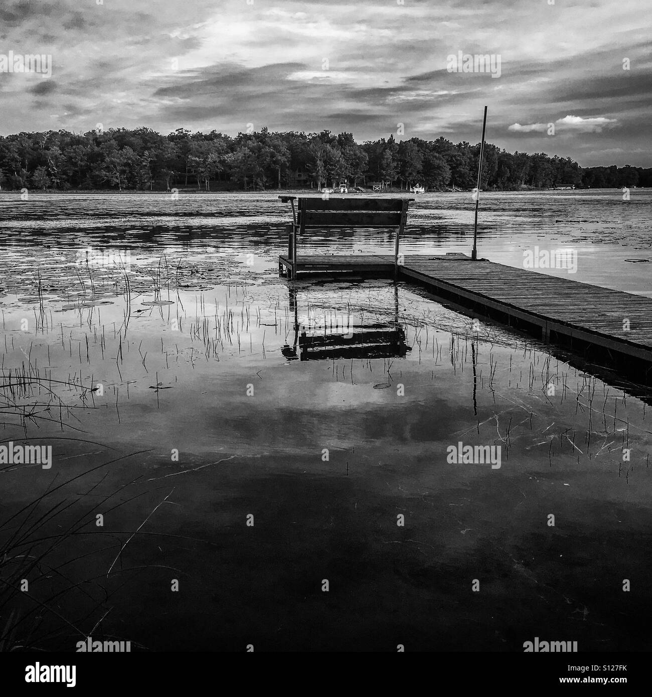 A dock on a lake in Minnesota   Black and white Stock Photo