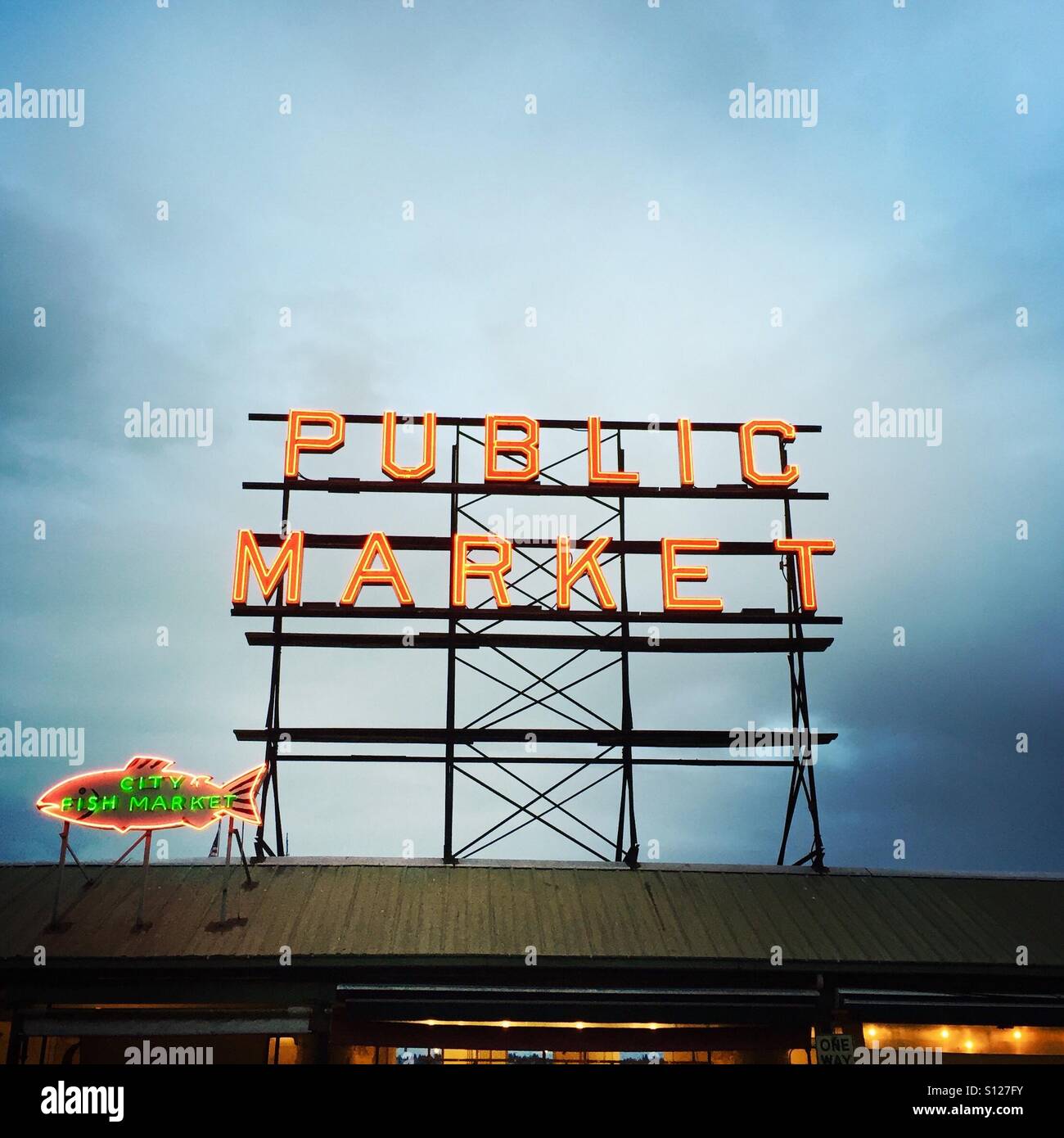 The public market sign at Pikes place market in Seattle, Washington USA. Stock Photo