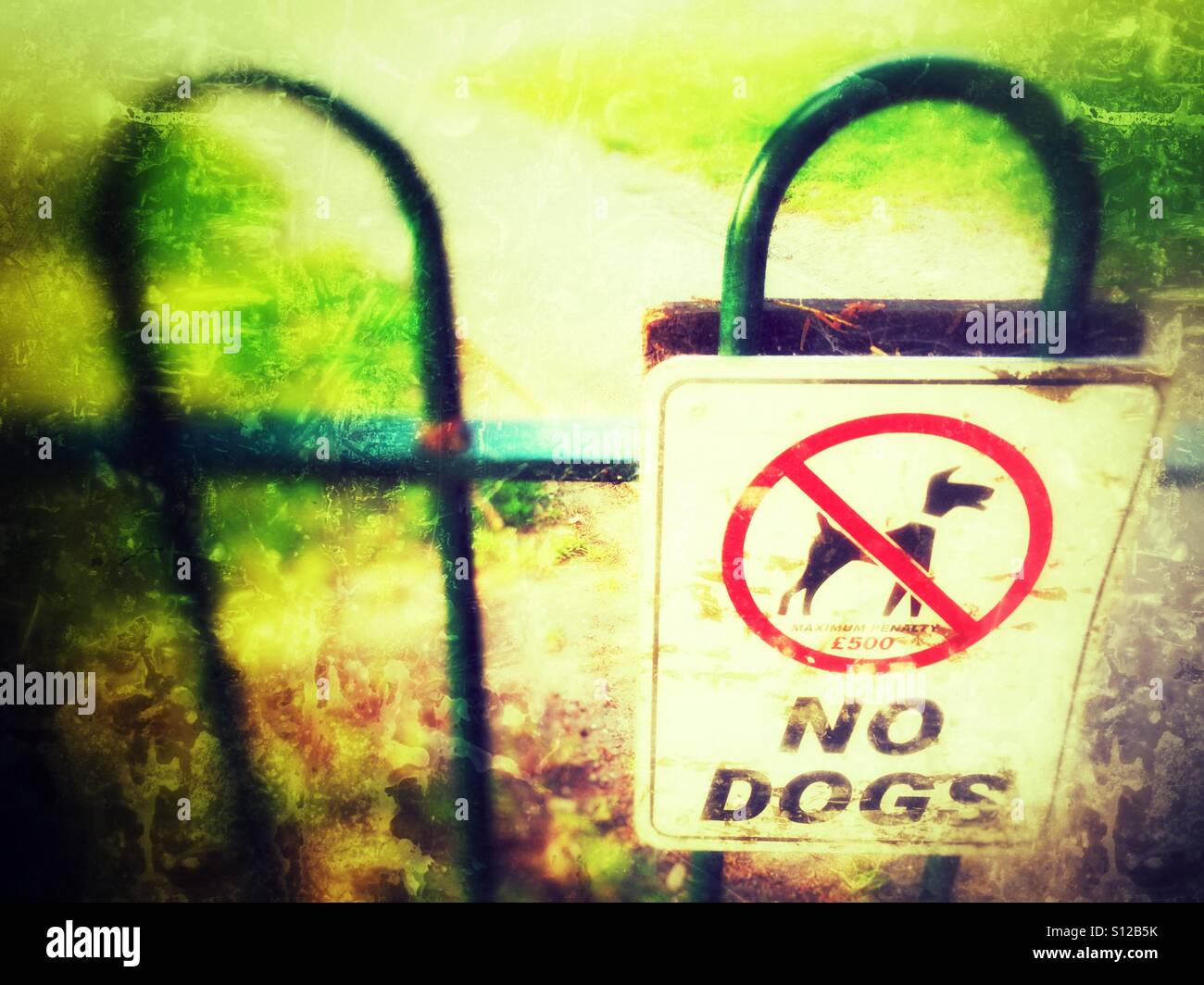 No dogs admitted, sign on park fence Stock Photo