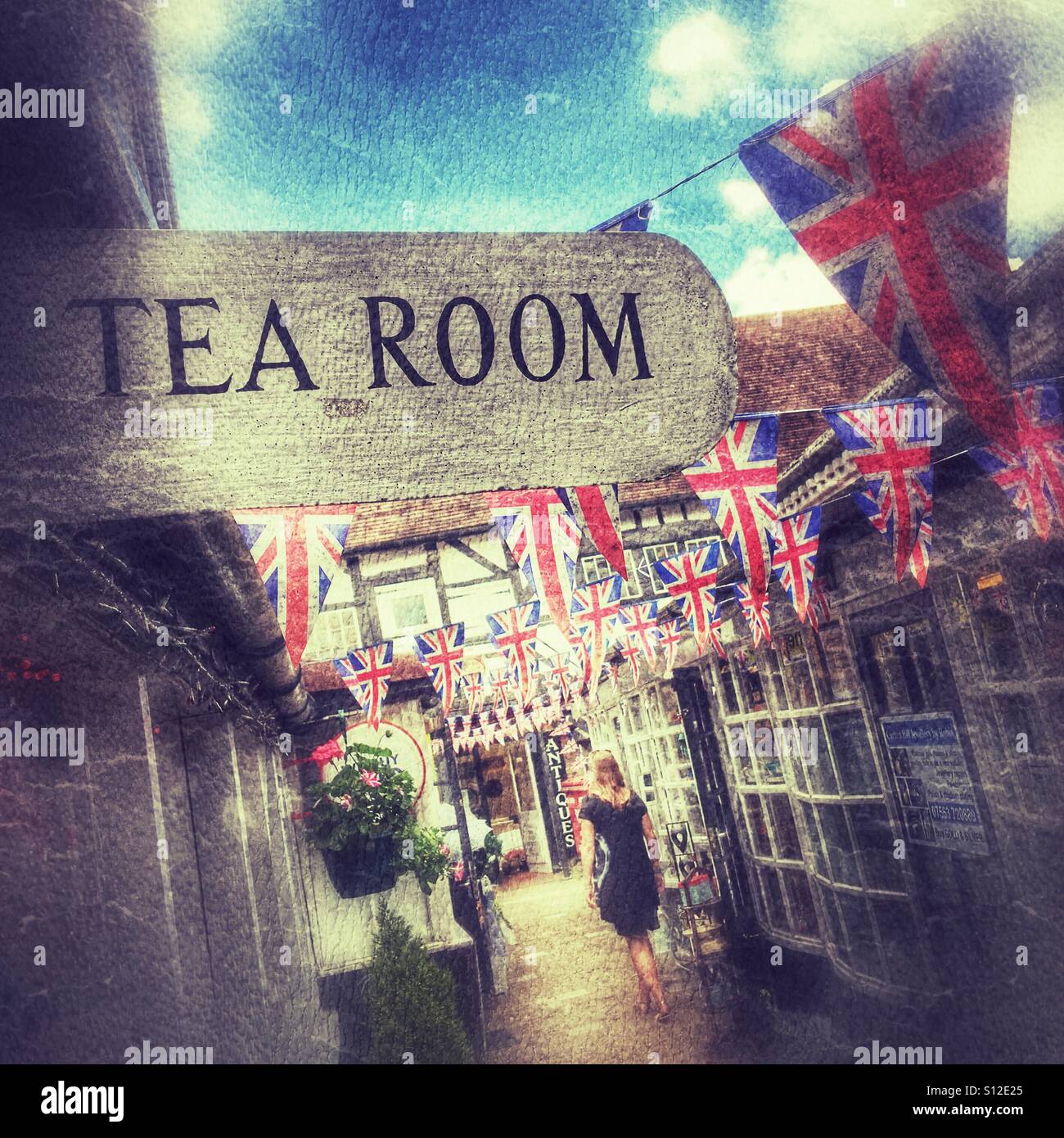 Tea room sign at the Antiques Centre in Stratford-upon-Avon, Warwickshire, England, UK. - Smartphone Captured Stock Image