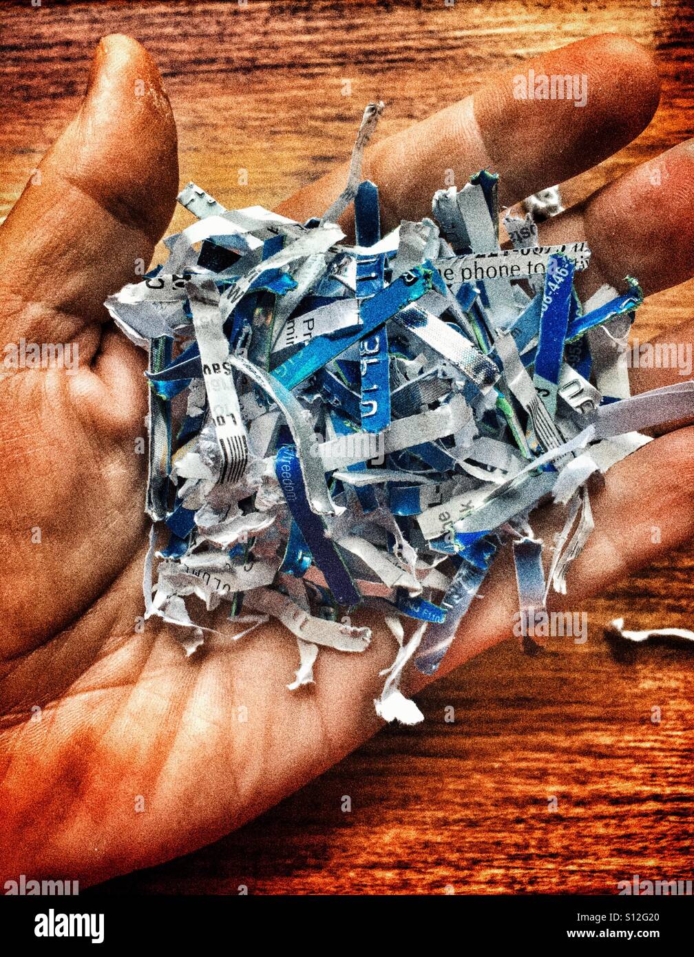 Man's hand holding a pile of shredded credit cards Stock Photo
