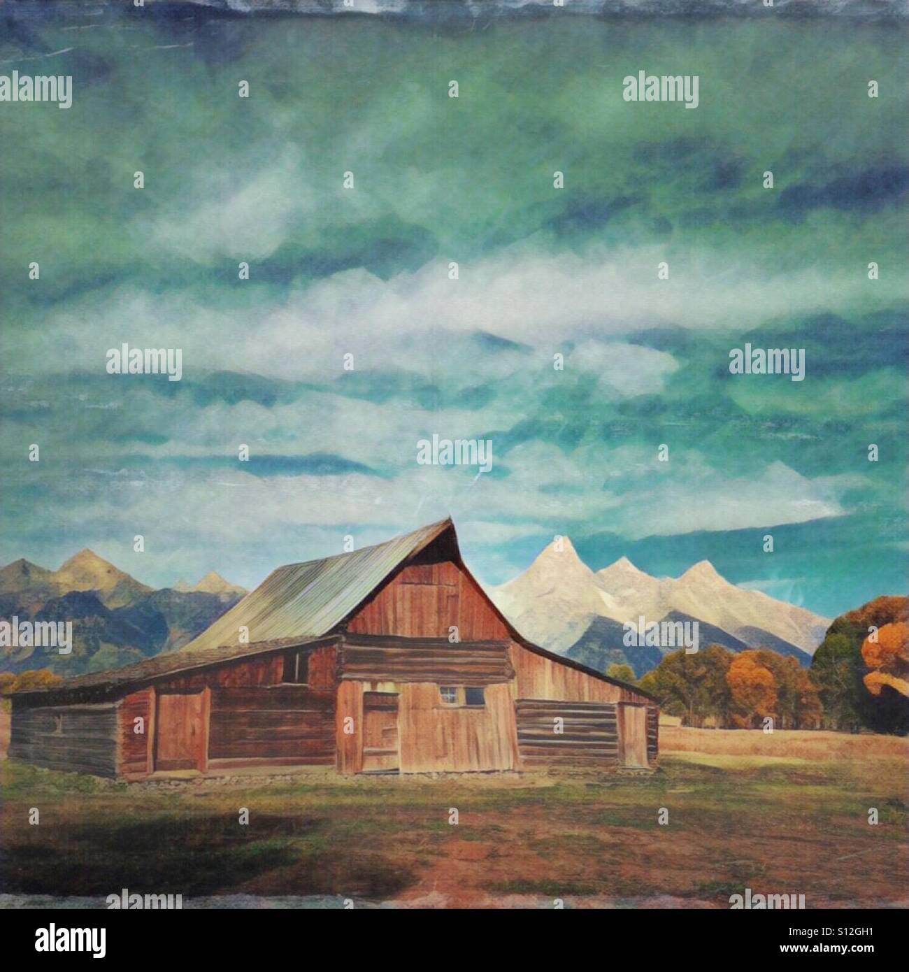 Abstracted treatment of the Moulton Barn on Mormon Row, Grand Teton National Park, Wyoming, USA - Smartphone Captured Stock Image