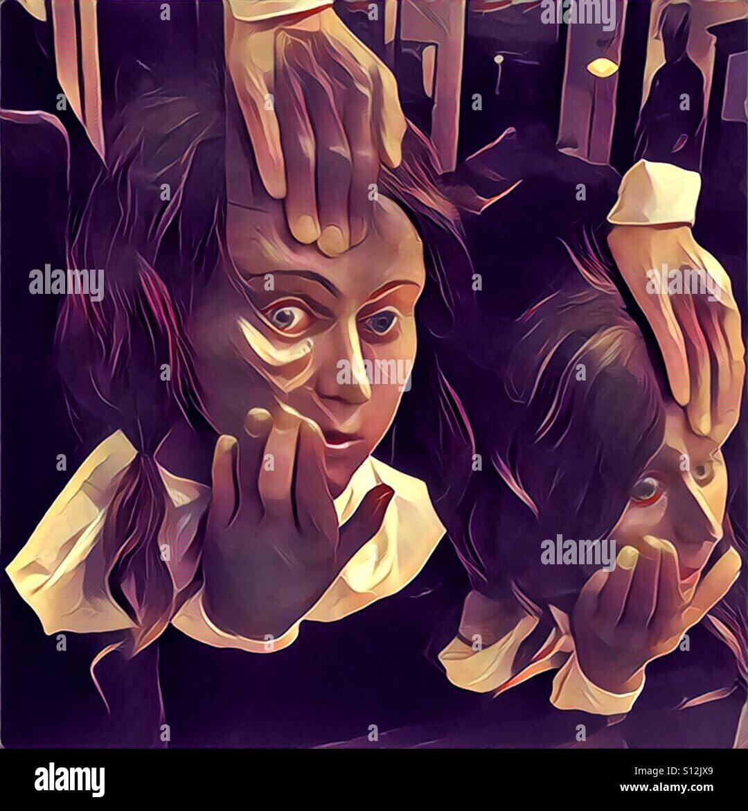 An abstract digital artwork of wax figures of females with hands pulling open their eyes. - Smartphone Captured Stock Image