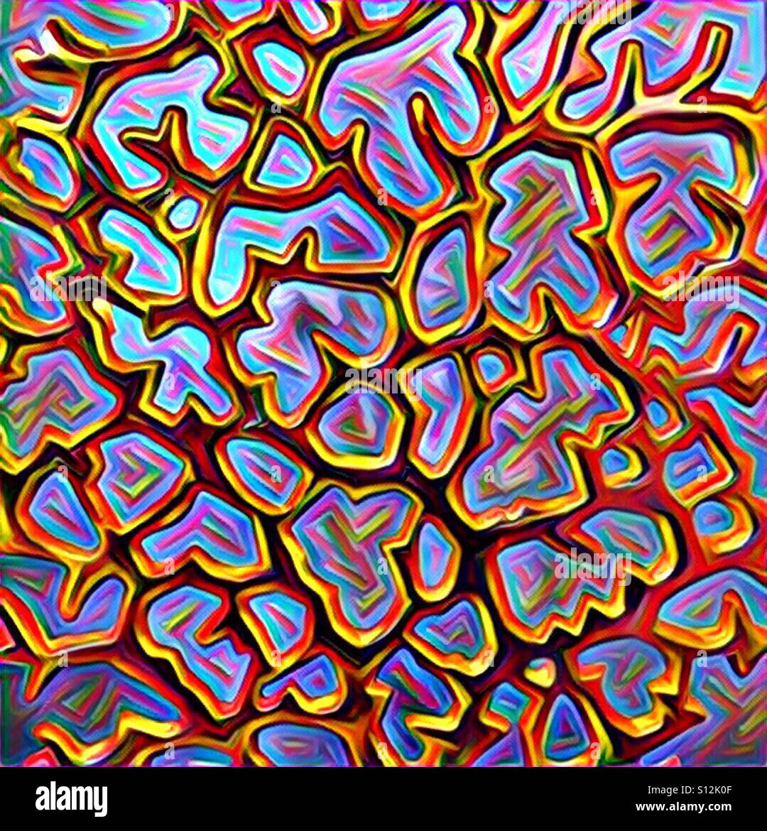 An abstract digital artwork of a golden intertwined pattern with a colorful rainbow colored background Stock Photo