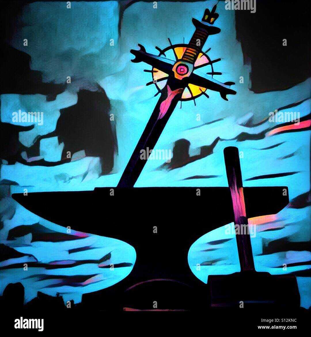 An artistic digital painting of a statue of a sword, hammer and anvil against a dramatic blue sky - Smartphone Captured Stock Image