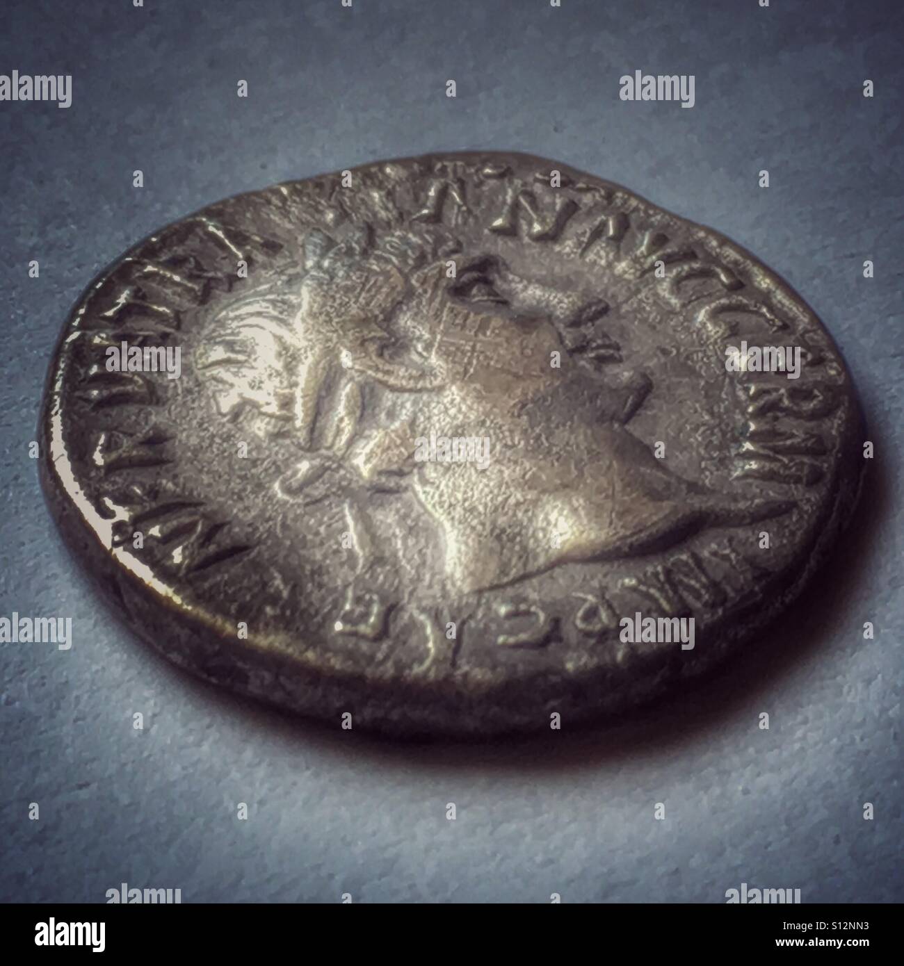 Roman silver denarius. Trajan. - Smartphone Captured Stock Image