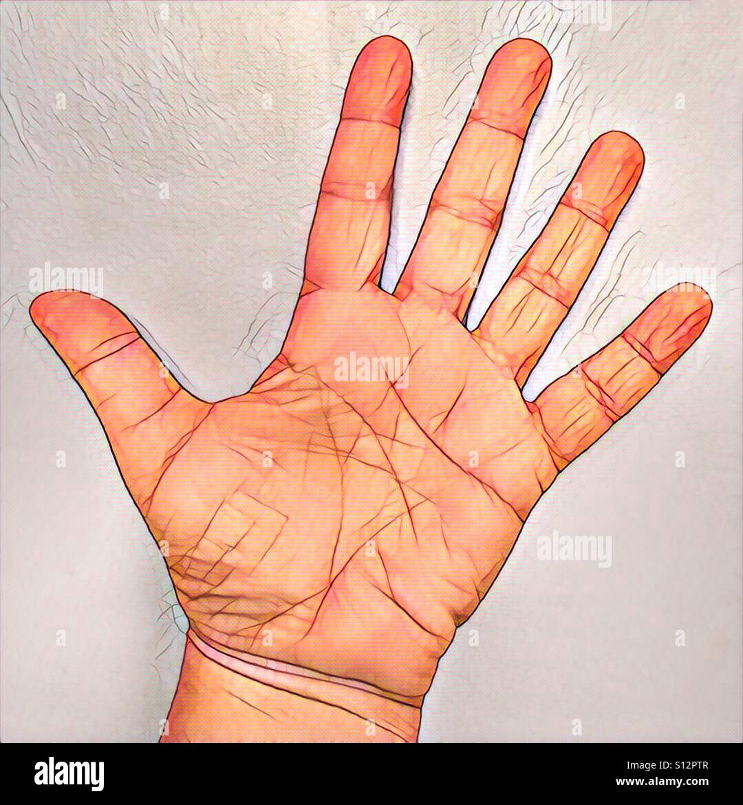 One of a series of 7 artistic renderings of a hand making different formations.  This is an outstretched hand sign or symbol. - Smartphone Captured Stock Image