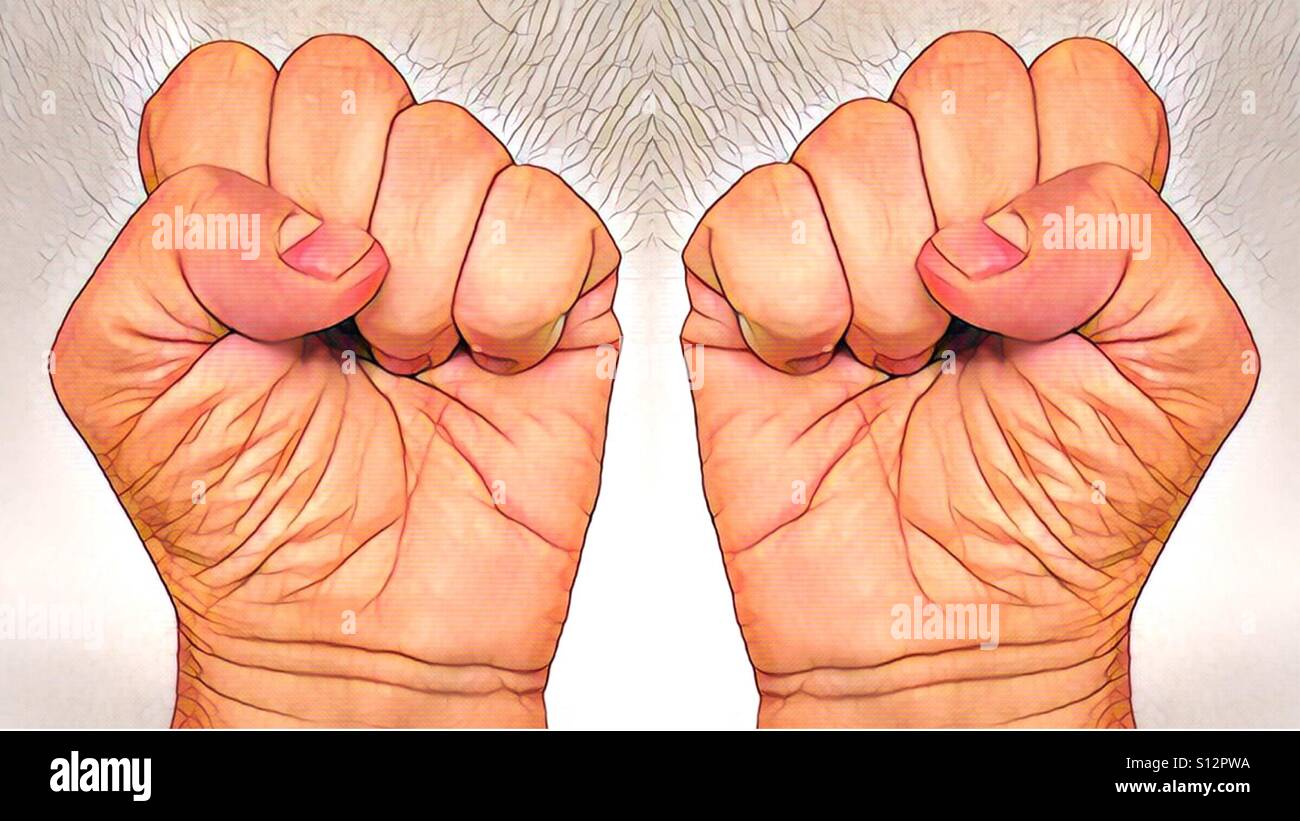 One of a series of 5 artistic renderings of two hands making different formations.  Here they are making a fist sign or symbol. Stock Photo