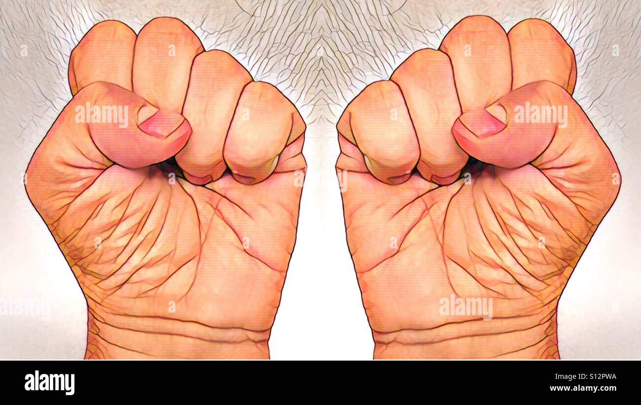 One of a series of 5 artistic renderings of two hands making different formations.  Here they are making a fist sign or symbol. - Smartphone Captured Stock Image