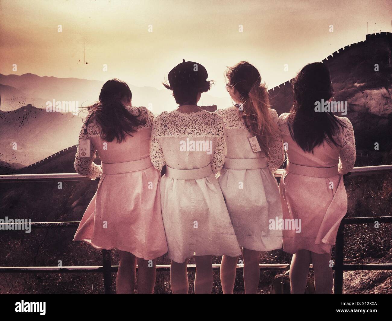 Rear view of Women tourists on the Great Wall of China - Smartphone Captured Stock Image