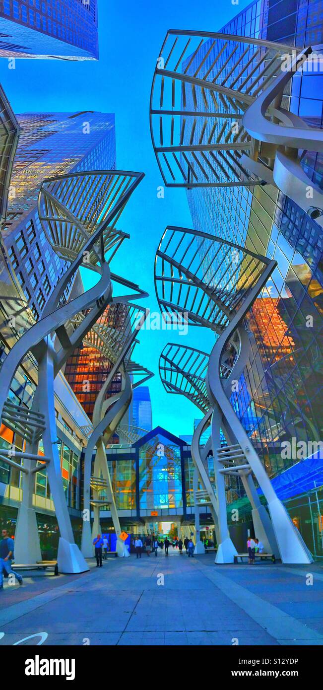 Steven Avenue and "The Trees" sculptures.  The steel "Trees" sculpture on Stephen Avenue, designed to reduce wind gusts between the buildings. Stock Photo