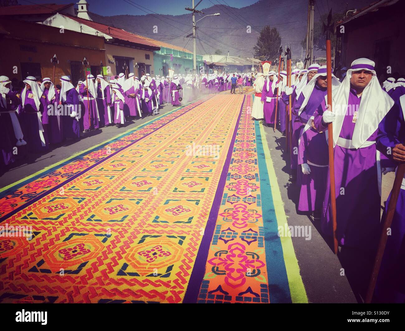 Dyed sawdust carpet & Good Friday procession in Antigua, Guatemala, Central America Stock Photo