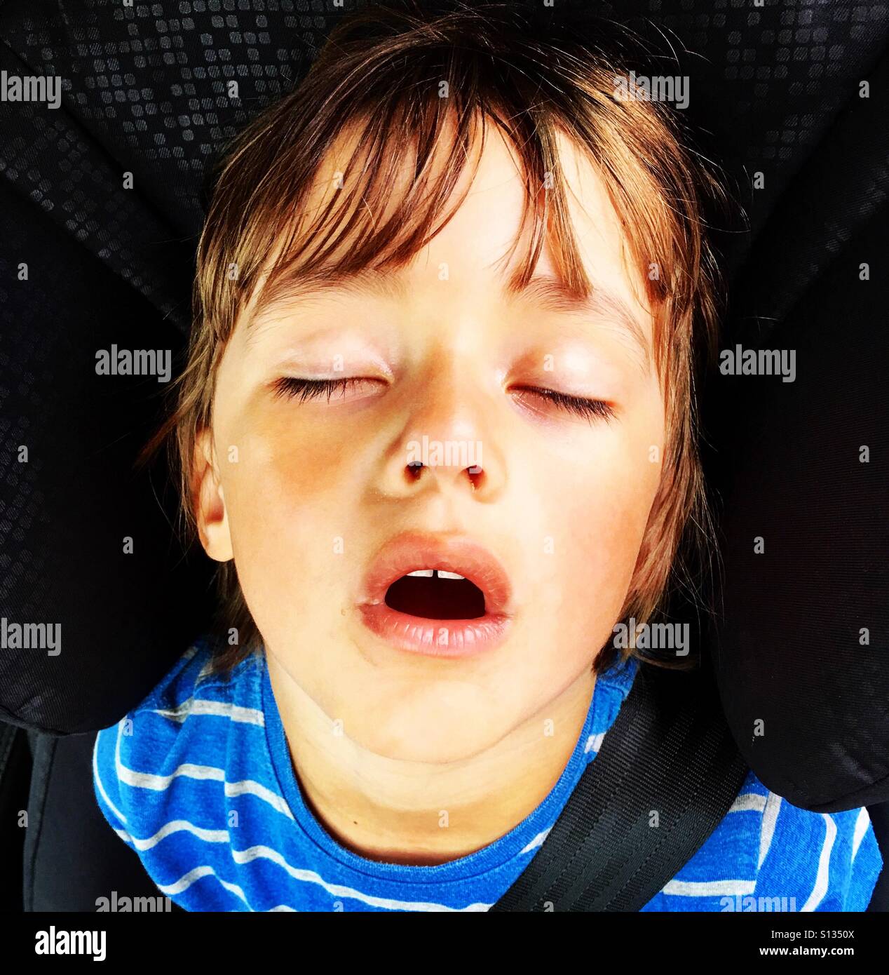 Young boy sleeping in the car. Stock Photo