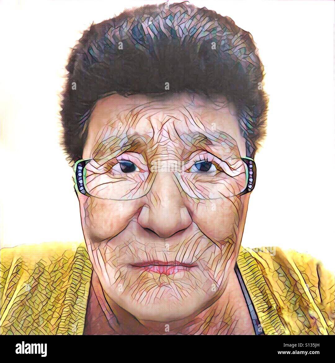 A digital artwork that is a portrait of an old woman (senior citizen) with eyeglasses and wrinkled skin and dark hair with gray in it. - Smartphone Captured Stock Image
