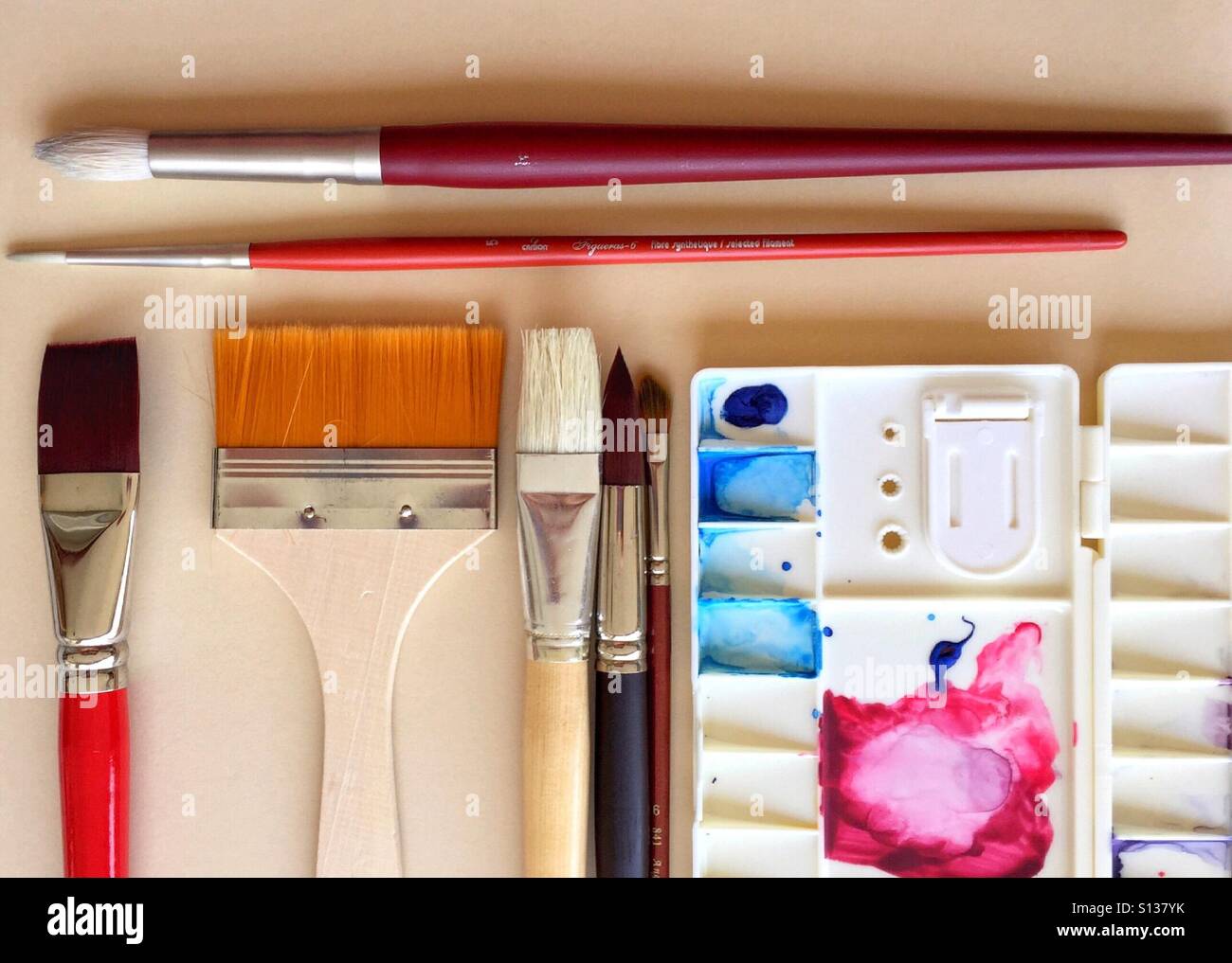 Artist's Watercolor Brushes and Tools - Smartphone Captured Stock Image