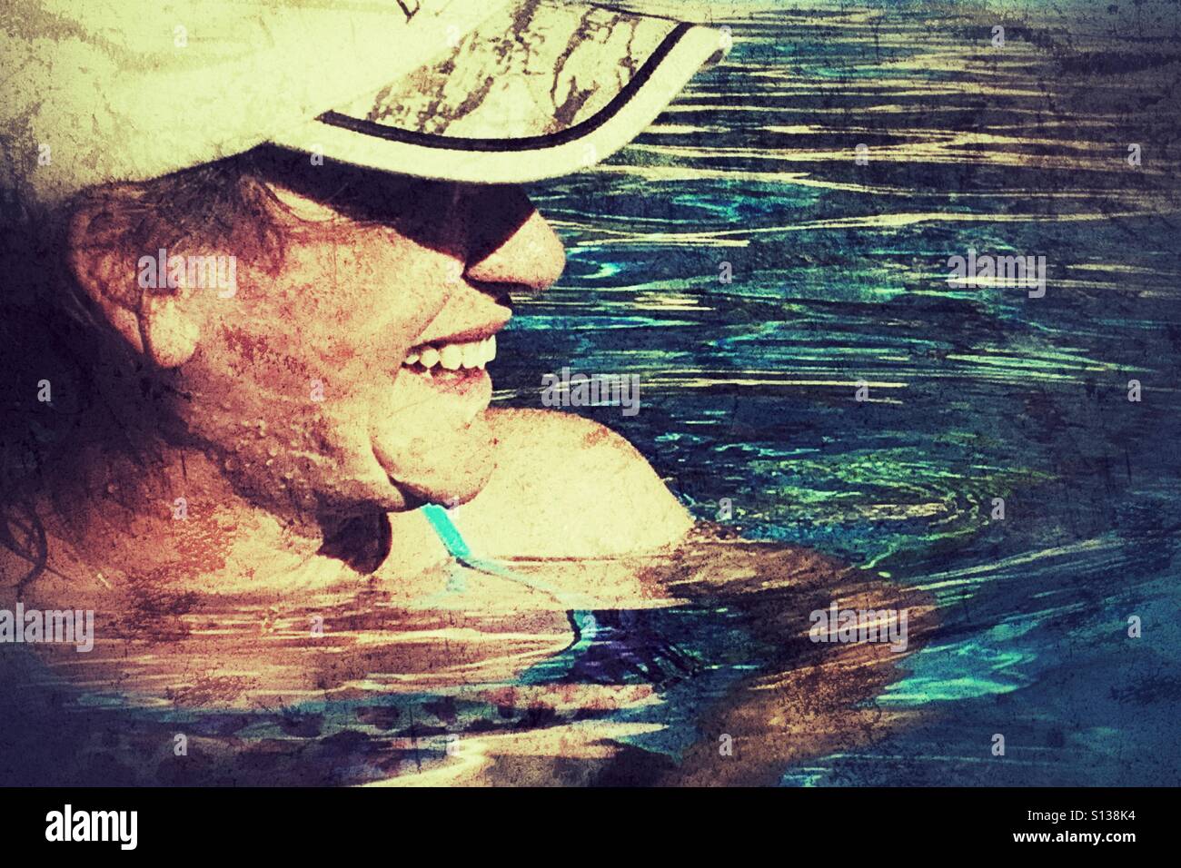 Woman laughing, in swimming pool - Smartphone Captured Stock Image