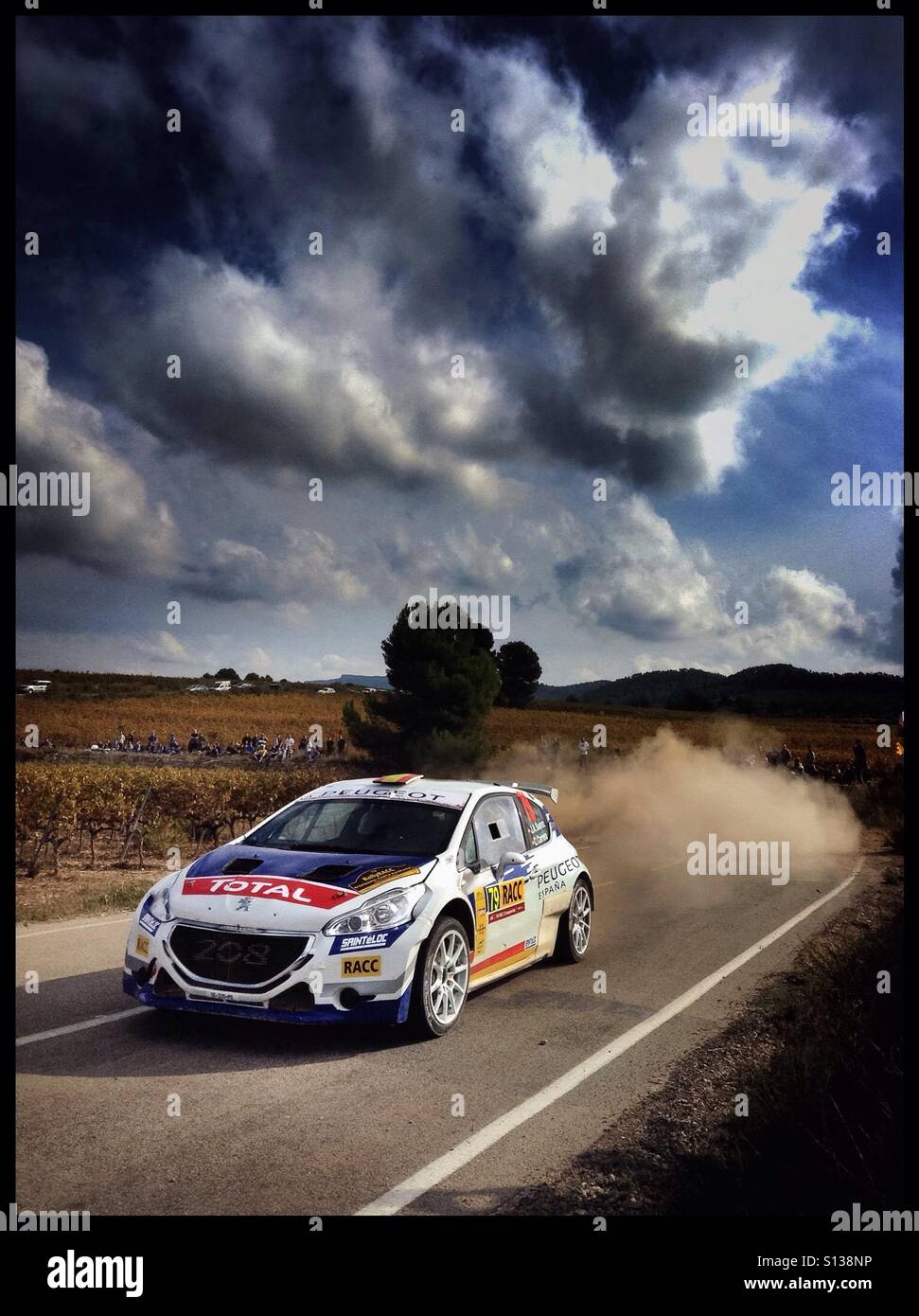 2015 WRC Rally RACC-Rally de España SS21 Guiamets 2 [Els Guiamets] José Antonio Suarez/Cándido Carrera - PEUGEOT 208 T16 R5 rally car, Catalonia, Spain. - Smartphone Captured Stock Image