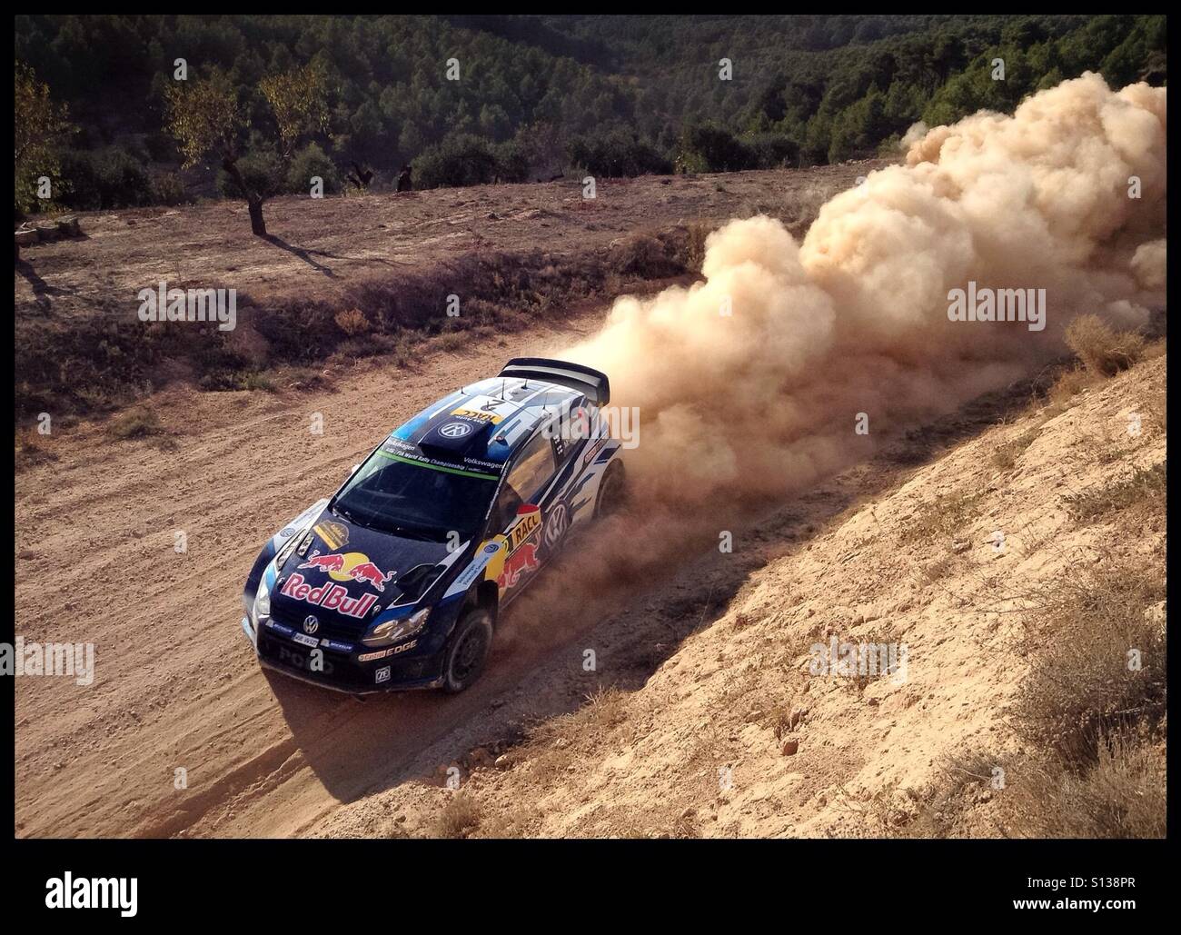 2015 WRC Rally RACC-Rally de España SS9 Terra Alta 2 [La Fatarella] Jari-Matti Latvala/Miikka Anttila - Volkswagen Polo R WRC rally car, Catalonia, Spain. Stock Photo